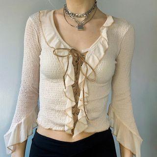 3/4-sleeve Lace-up Ruffle Crop Top