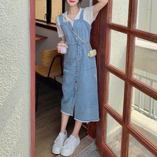 Short-sleeve Hooded Knit Top / Denim Midi A-line Overall Dress