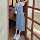 Short-sleeve Hooded Knit Top / Denim Midi A-line Overall Dress