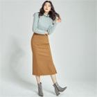 Deep-slit Wool Blend Long Skirt