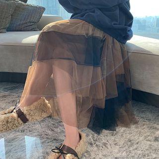 Paneled Midi A-line Layered Mesh Skirt