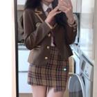 Contrast Trim Blazer / Tie-neck Shirt / Plaid Mini Skirt