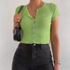 Ribbed Buttoned Short-sleeve Crop Top