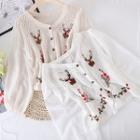 Deer Embroidered Crochet Knit Blouse