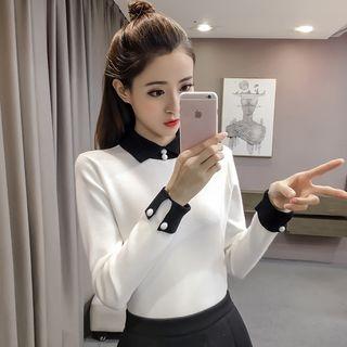 Contrast Buttoned Cuffed Knit Top