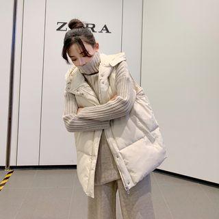Padded Hooded Zip Vest / Turtleneck Ribbed Sweater / Wide Leg Pants