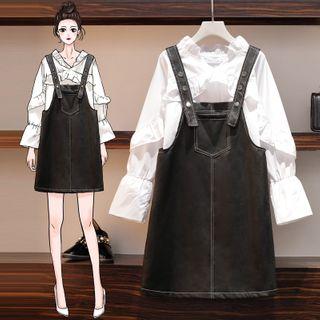 Set: Long-sleeve Ruffle Blouse + Denim Mini A-line Jumper Dress