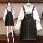 Set: Long-sleeve Ruffle Blouse + Denim Mini A-line Jumper Dress