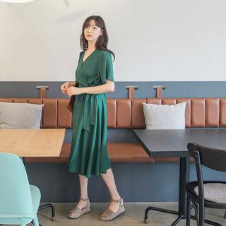 Short-sleeve Surplice-wrap Midi Dress