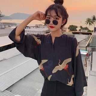 Crane Print 3/4-sleeve Blouse Black - One Size