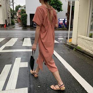 Open Back Short-sleeve Midi Shift Dress