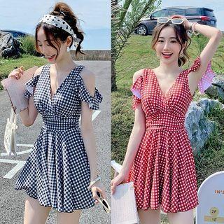 Cold-shoulder Gingham Swim Dress