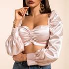 Puff Sleeve Square-neck Satin Crop Blouse