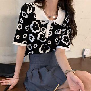 Lapel Contrast Trim Flower Pattern Knit Top