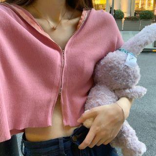 Plain Short-sleeve Hooded Knit Top