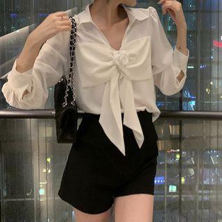 Puff Long-sleeve V-neck Plain Bow Accent Shirt