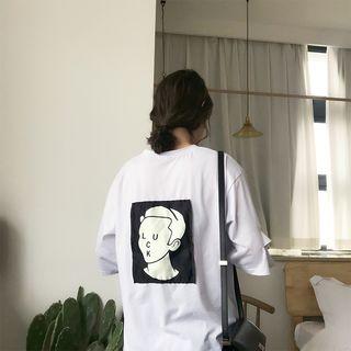 Print Back Elbow-sleeve Ripped T-shirt