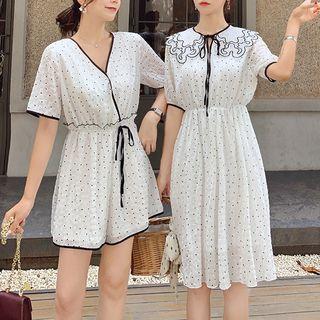 Short-sleeve Midi Dotted A-line Dress / Short-sleeve Dotted Playsuit