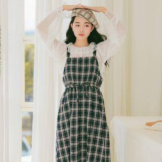 Set: Ruffle Trim Long-sleeve Top + Plaid A-line Pinafore Dress