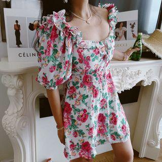 Puff-sleeve Flower Print Open Back A-line Dress
