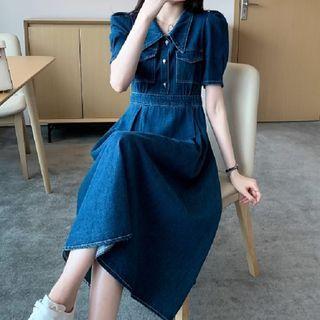 Short-sleeve Collar Denim A-line Dress