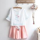 Printed Striped Short-sleeve T-shirt / Bow Accent Mini A-line Skirt / Set