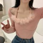 Faux Fur Trim Long-sleeve Halter Knit Top Pink - One Size