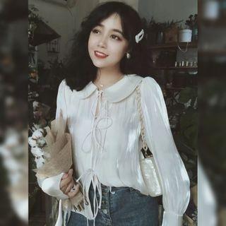 Puff Sleeve Peter Pan Collar Lace-up Blouse