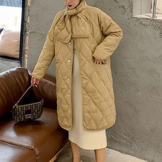 Set: Quilted Button-up Long Coat + Scarf