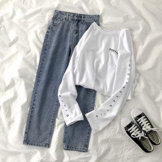 Long-sleeve Lettering T-shirt / Straight-cut Jeans