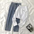 Long-sleeve Lettering T-shirt / Straight-cut Jeans