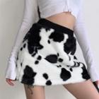Cow Print Fluffy Mini A-line Skirt