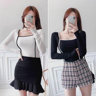 Square-neck Piped Slim-fit T-shirt
