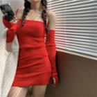 Set: Spaghetti Strap Mini Sheath Dress + Fingerless Gloves With Gloves - Red - One Size
