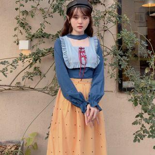 Long-sleeve Ruffle Top / Dotted Midi A-line Mesh Skirt