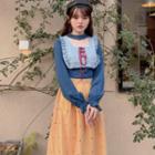 Long-sleeve Ruffle Top / Dotted Midi A-line Mesh Skirt