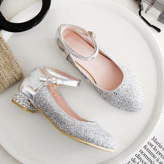 Glitter Block Heel Ankle Strap Pumps