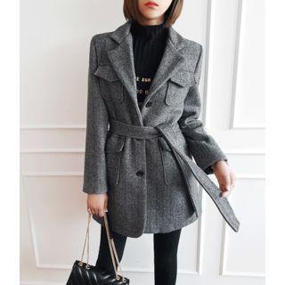Pocket-detail Herringbone Coat With Sash