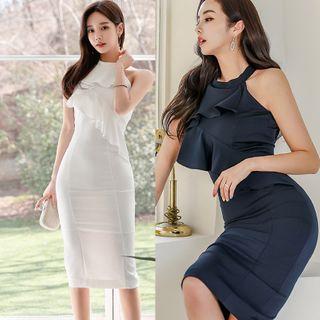 Halter-neck Frill Trim Midi Bodycon Dress