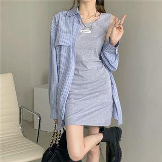 Oversized Striped Long-sleeve Shirt / Plain Bodycon Tank Dress