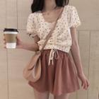 Short-sleeve Drawstring Heart Printed Blouse / High-waist Skort