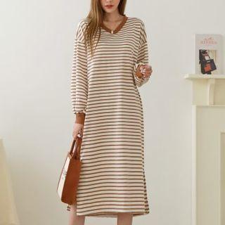 V-neck Stripe Midi Sweatshirt Dress