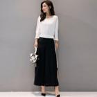 Set: Long-sleeve Top + Slit-side Wide-leg Pants
