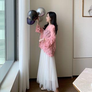 Bell-sleeve Knit Top / Midi A-line Mesh Skirt