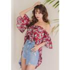 Off-shoulder Flutter-sleeve Floral Print Top