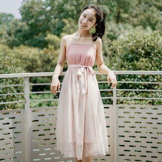 Spaghetti Strap Mesh Midi A-line Dress Pink - One Size