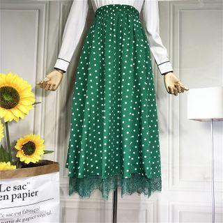Elastic-waist Dotted Panel Lace A-line Dress