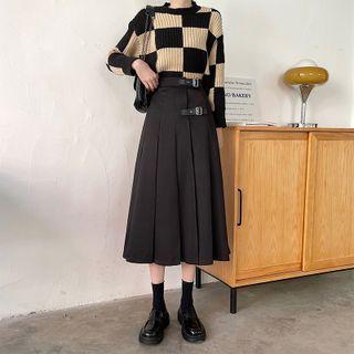Buckled Pleated Midi A-line Skirt