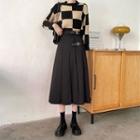 Buckled Pleated Midi A-line Skirt