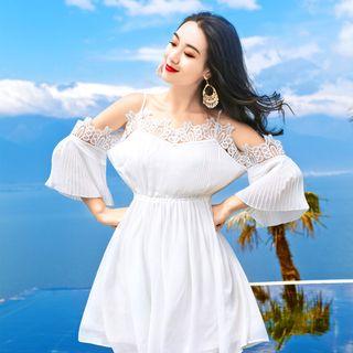 3/4-sleeve Cold Shoulder A-line Chiffon Dress